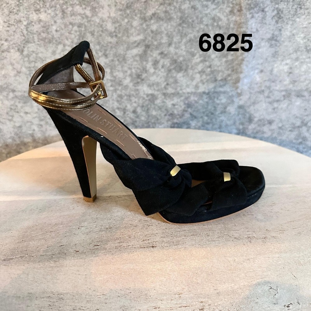 Black Suede Platform Wedge Sandals Gold Strap Womens 8.5 Colin Stuart
